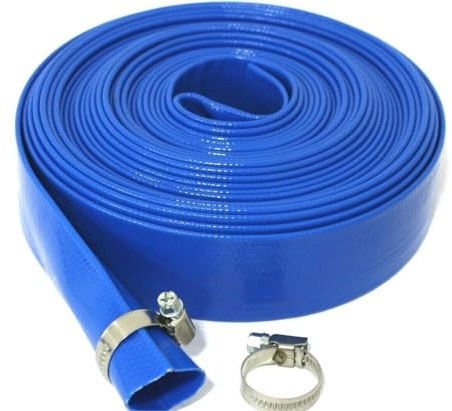 Blue Layflat Water Discharge Hose Pipe Pump Irrigation - 32mm (1 1/4) Bore x 20 Metres Long Including 2 Hose Clips