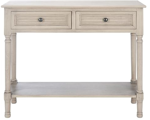 SAFAVIEH Home Collection – Tate Greige 2-Drawer Console Table with Shelf, Turned Leg Farmhouse Accent Console for Entryway or Living Room (CNS5720D)