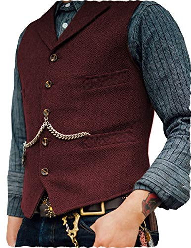 Ceehuteey Kostym väst väst tweed retro v-hals ull fiskben för bal, Vinröd, 3X-Large