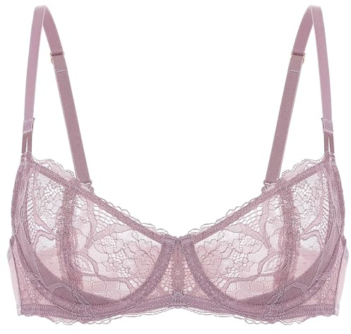 DOBREVA Women's Unlined Balconette Bra Sexy Lace Sheer Underwire Large Breasts Demi Cup Rose Brown 38DD