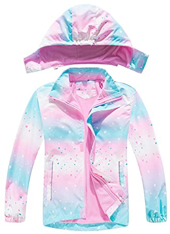 NATUST Girls Fleece Lined Raincoat Waterproof Jackets With Removable Hood Kids Active Jacket Heart 7-8 Years