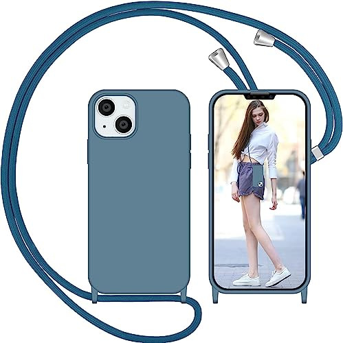Nupcknn für iPhone 13 Hülle mit Band, Liquid Silicone Handykette Handyhülle (Abnehmbar Einstellbar) Necklace mit Kordel zum Umhängen Handy Kette Kratzfestes Stossfest Schutzhülle(Ziegelblau, 6.1)