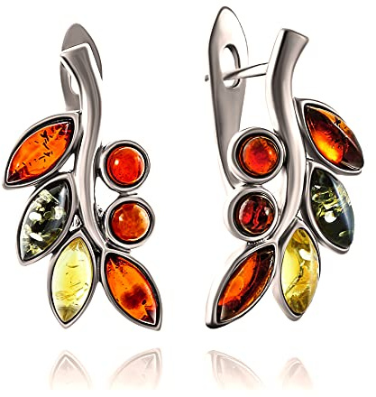 Örhängen bärnsten gren i sterlingsilver 925, flerfärgad – citron, grön och konjak, silverörhängen bärnsten, hösten 2021 kollektion