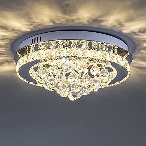 XEMQENER Dimmable Crystal Chandelier with Remote, 40cm Round LED Ceiling Light, 36W Flush Mount Ceiling Lamp for Living Room Kitchen Office Bedroom Dining Room, 3000k-6000k