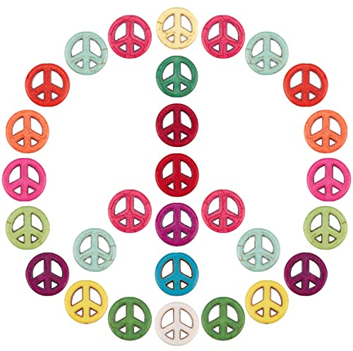 SUNNYCLUE 1 Box 100 Stück Friedenszeichen-Perlen Bunt Synthetische Türkis-Perlen-Charms Flach Rund Geschnitzt Hohl Elastischer Faden Für DIY-Armbänder Basteln Schmuckherstellung Mischfarben