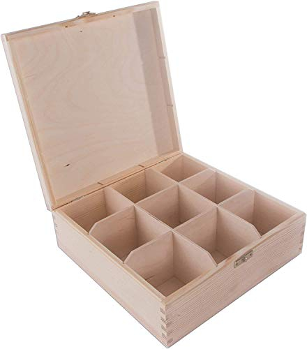 Square Wooden Box with 9 Sections & Clasp | 23 x 23 x 8 cm | Accessories Storage Case Tea Bag Sewing Jewellery Caddy Organiser Divided Compartments | Natural Unpainted & Untreated Decorative Wood