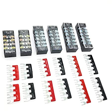 JZK 6pcs 600V/400V 15A Dual Row Screw Barrier Terminal Block - 6/5/4 Positions, Insulated, Red/Black