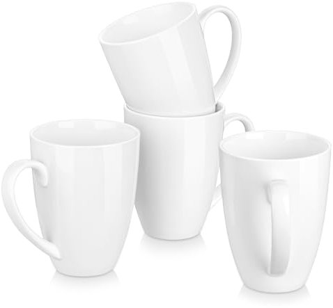 MALACASA Juego de 4 tazas de café de porcelana de 16 onzas, tazas grandes de cerámica modernas con asa para té, jugo, latte, capuchino, cacao, apto para lavavajillas y microondas, serie blanca REG