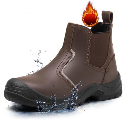 TAERGU S3 Winter Sicherheitsstiefel Herren Wasserdicht Arbeitsschuhe Stahlkappe ESD SRC CI Arbeitsstiefel Rutschfest Knöchelhoch Schutzschuhe Leder S1 Sicherheitsschuhe Safety Shoes,Braun,EU43