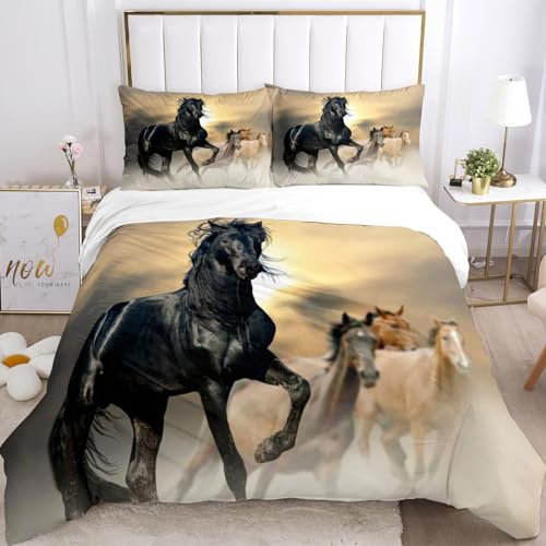 VTRXEG Parure De Lit Cheval,Ensemble De Housse De Couette en Microfibre À Motifs De Chevaux,Ensemble De Housse De Couette À Motif De Cheval en 3D avec 2 Taies d'oreiller (B, 200x200cm)