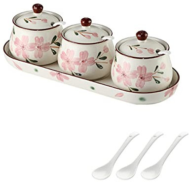 Platos De Cena,Platos De Porcelana,Platos De Postre,Caja De Condimentos Tarro De Condimentos Tarro De Especias Salero De Cerámica Patrón De Sakura Pintado A Mano Con Bandeja Para Tapa De Cuchara, 350