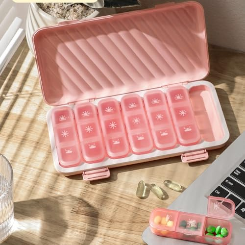 STORICANS Tablettenbox 7 Tage Morgens Mittags Abends,Reisen Tragbare Pillendose Medikamentenbox 7 Tage 3 fächer große Pillenbox für Medikamente, Vitamine, Fischöl, Nahrungsergänzungsmittel (Rosa)