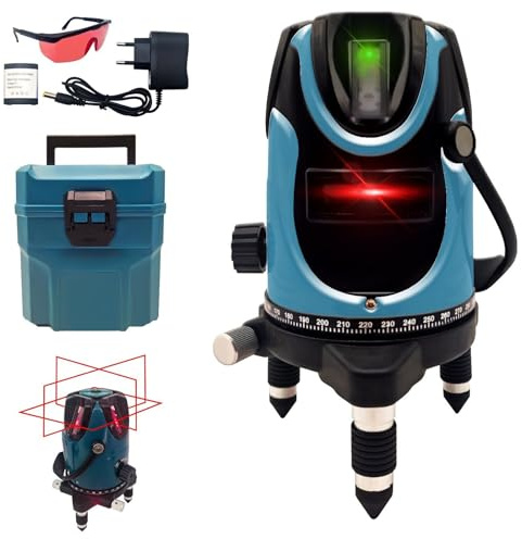 MAKA Livella Laser Autolivellante 360 4 Linee Professionale Luce Rossa Rotazione 10 Ore Autonomia Raggio 10 Metri Giroscopio Interno Linea Verticale ed Orizzontale Stabile (5 Laser)