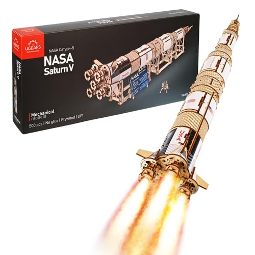 Kit di modelli di razzi UGEARS NASA Saturn V - Kit di modelli di astronavi per adulti - Puzzle di costruzione di navette spaziali in legno 3D - Puzzle in legno 3D di navicella spaziale
