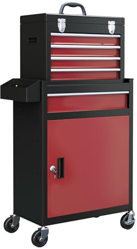 HOMCOM Chariot d'atelier Servante d'Atelier sur roulettes, Chariot avec Caisse à Outils Amovible, 5 tiroirs et Armoire verrouillable, 60 x 28 x 105 cm Rouge
