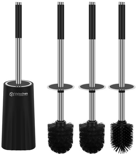 Valschen WC Bürsten & Halter Klobürste Schwarz, WC Bürste & Klobürstenhalter, Edelstahl 304 Griff Toilettenbürste Inklusive 2 Bürstenköpfe und 1 Silikon Bürstenköpf und Klobürstenhalter(18*10*8.5cm)