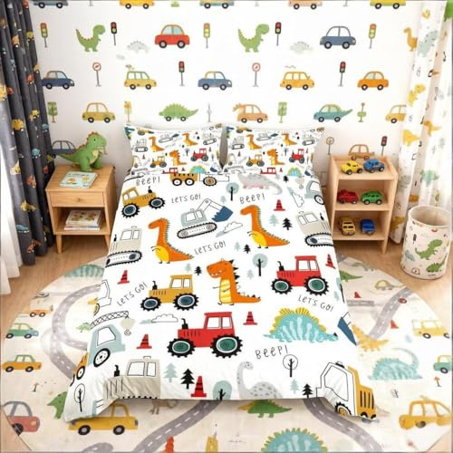Loussiesd Dinos Bedding Set Single Kids Construction Excavator Bedding Jungle Dinosaur Equipment Truck Duvet Cover Set Dino Construction Tractor Crane for Teenagers Girls Room Decor