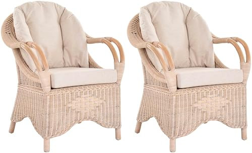 Krines Home 2er Set Breiter Wintergarten Rattansessel Natur Rattan Sessel Armlehnsessel Wohnzimmer Rattanmöbel (Vintage Weiss)