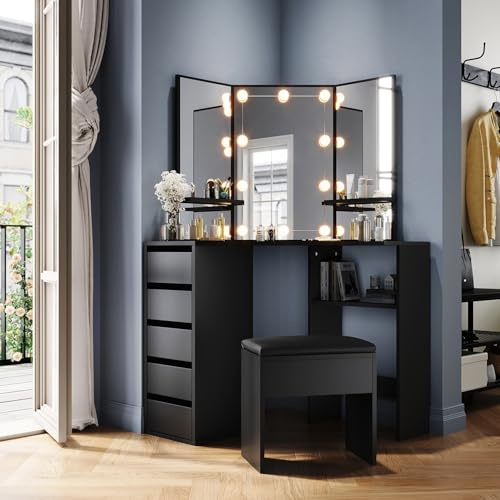 ZANOFIRA Corner Dressing Table Set with 3 Angle Mirrors and LED Lights, Vanity Table with Adjustable Brightness, White Corner Desk with Stool, Makeup Desk with Drawers, 78.5x78.5x141.5cm