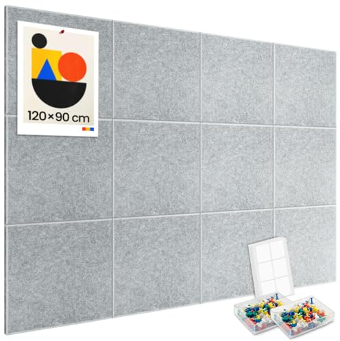 Großes Kork-Bulletin Board für die Wand 120x90cm, 12 Pack Filz-Wandkacheln mit 80 Pinnnadeln, 60 sichere, abnehmbare Klebetabs, dekorative Pinnwand für Büro, Schule und Freizeit