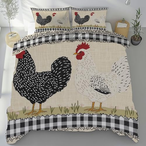 Meugesoi Bettbezug 135x200cm Bauernhaus Huhn Komfortable Weiche Bettwäsche 3-Teilig mit Reißverschluss Pastoraler Gitter Bettwäsche Sets mit 2 mal Kissenbezüge,Bettbezug für Jugendliche