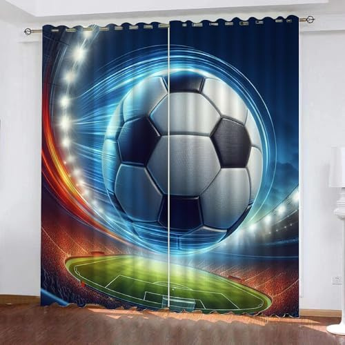 Generisch Fußball 3D Vorhänge Blickdicht Mit Ösen 2Er Set,Kinder Gardine Verdunkelungsgardine Für Wohnzimmer Schlafzimmer Kinderzimmer Dekoration,H 245Cm X B 140Cm,Ms103