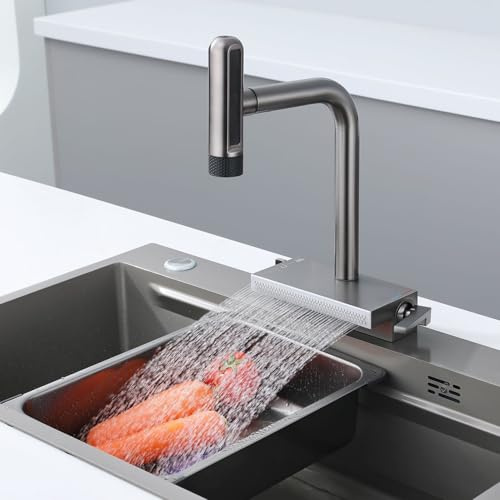 Rubinetto Cucina Cascata con Doccetta Estraibile, 7 Modalità Miscelatore Cucina con Grande Scarico a Cascata, Rubinetti da Cucina Girevole a 360° in Acciaio Inox, Freddo e Caldo Disponibile, Grigio