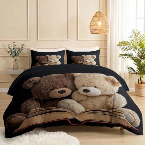 Bettbezüge 3D Einfach Süß Teddybär Farbecht Microfaser Bettbezug 155 x 220 cm und 2 Kissenbezug 80x80cm Wende Bettwäsche Set mit Reißverschluss für Kinder Teenager Erwachsenes Schwarz