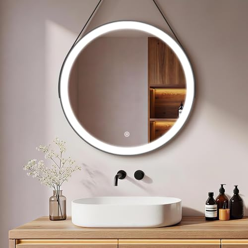 S'AFIELINA Badspiegel mit Beleuchtung rund 50 cm, LED-Badezimmerspiegel mit dimmbarem kaltweißem Licht, runder Spiegel mit Beleuchtung,energiesparend Wandspiegel mit schwarzem Rahmen, abnehmbares Band