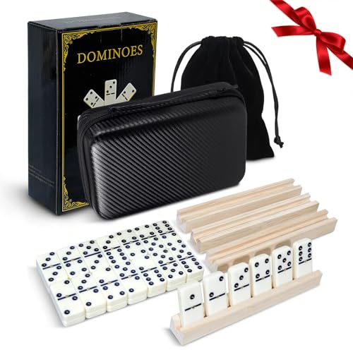 MeetYr Life Dominos Set for Adults 28 Dominos with 4 Wooden Trays 1 Storage Bag, Double 6 Dominoes Travel Case Game for Family & Parties (D6-White)