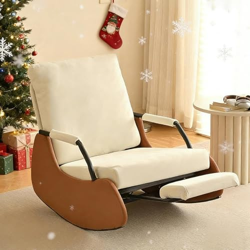 OVLRIJP Schaukelstuhl Lesesessel Bequem, Schaukelstühle Schaukelsessel mit 3-Fach Verstellbare Rückenlehne, Relaxsessel mit Dehnbare Fußstütze, Sessel für Schlafzimmer, Wohnzimmer (Beige)
