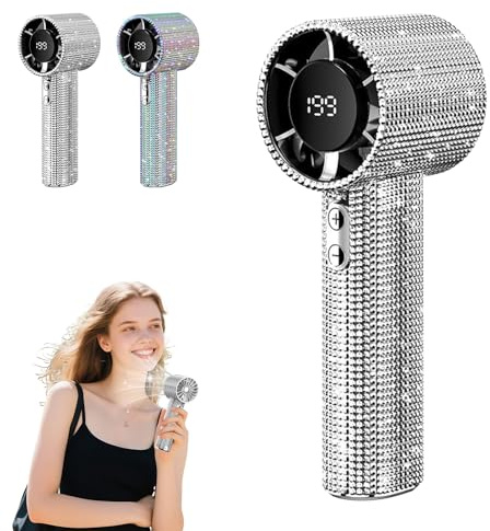 Full Diamond Portable Handheld Turbo Fan, 199 Gear Diamond Handheld Mini Fan, Portable Rechargeable With Digital Display Usb Face Bling Fans For Travel/Camping/Outdoor/Home (silver)