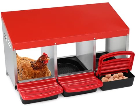 LEADZM Hühner Legenest 3 Abteile - Stabiles Metall Legenester für Hühner mit Eierfach, Hühnernest Abrollnes, Leicht zu reinigen, 81 x 51 x 47 cm, Rot