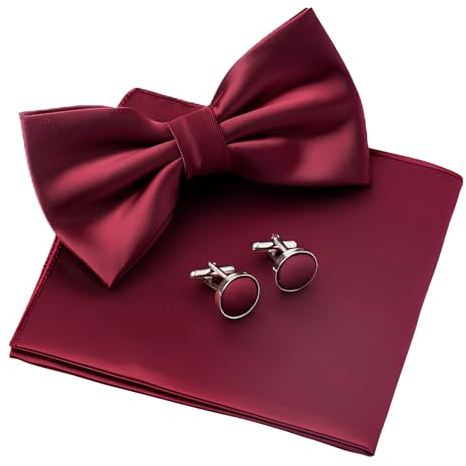 Fliege Herren Mit Taschentuch Manschettenknöpfe Set,Weinrot Fliege Seide Einstecktuch mit Manschettenknöpfe,Verstellbare Vorgebundene Fliege für Hochzeit Abendpartys Feierlichkeiten Formelle Anlässe