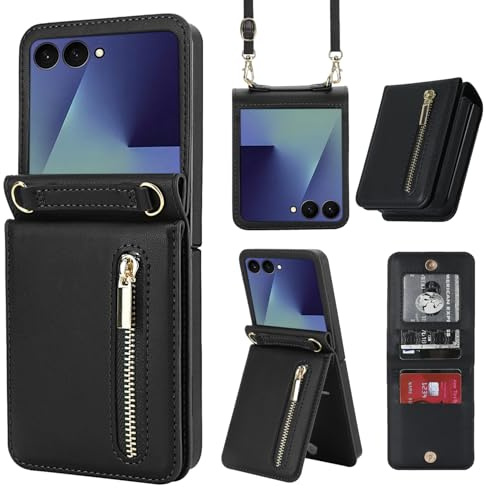 ZHOZEXIN Étui pour Samsung Z Flip 7 avec Support, étui à Rabat élégant en Cuir PU, étui Portefeuille zippé, Emplacement pour Cartes,Protection d'écran,Coque pour Galaxy Z Flip 7 （Noir）