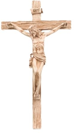 Milageto Kruzifix-Wandkreuz aus Kunstharz, handbemaltes katholisches Hängekreuz mit Jesusfigur für Schlafzimmer, Wohnzimmer, Helle Farbe