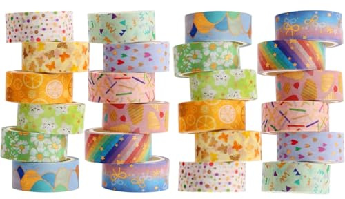BetterJonny 24 Rollen Washi Tape, Klebeband Bunt Goldfolie Blume Dekoratives Klebeband Washi Tape Kinder Dekorative Masking Tape für Scrapbooking, DIY Handwerk und Bullet Journals (15mm x 3m)