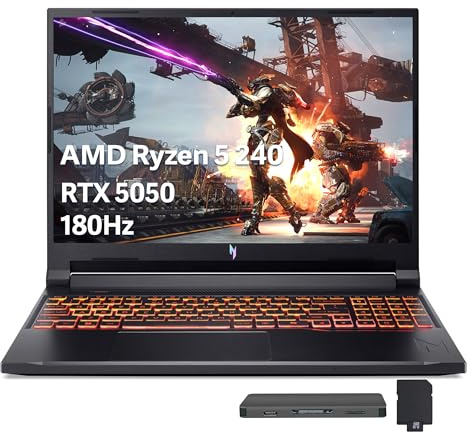 acer Nitro V 16 AI Gaming Laptop, 16 WUXGA 180Hz Display, AMD Ryzen 5 240, GeForce RTX 5050 8GB GDDR6, 32GB DDR5, 2TB SSD, Backlit Keyboard, Copilot, Win 11 Pro, Black, 1TB Docking Station Set