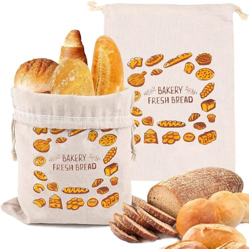 Aieino 2PCS Linen Cotton Bread Bag for Homemade Bread Drawstring 45x35cm | Reusable, Unbleached, Dustproof, Storage Food Bags for Kitchen Storage, Grocery Shopping, Bakers, Home Cooks Accessories