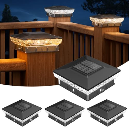 APONUO Solar Post Cap Lights for 4x4 Wood &Vinyl Posts, 3 Light Modes & 800mAh Battery, IP65 Waterproof Rugged Unibody, Solar Outdoor Lights for Fence, Deck & Patio (Black, 4 Pack)