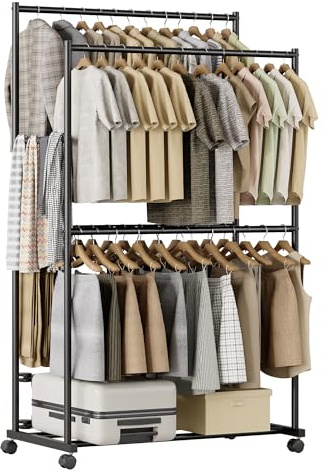 Tujurich Schwerlast Kleiderständer - 92×54×183 cm, 4-Stangen Doppelstange Kleiderstange auf Rollen, Metall Kleiderständer für Schlafzimmer, Wohnzimmer, Waschraum, Schwarz