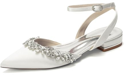 TNMIUH Zapatos de Novia Planos con Talón Abierto de Satén y Punta Fina - Bailarinas de Boda con Pedrería y Correa al Tobillo Elegantes para Fiesta,Marfil,42 EU
