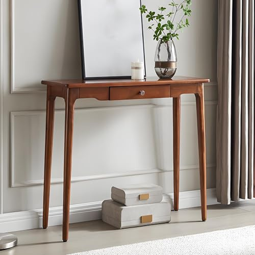 SXKLLYX Mesa de Consola Estrecha Moderna de Madera Maciza, Mesa Recibidor Entrada con Cajón Oculto para Sala de Estar, Pasillo y Vestíbulo, Color Nogal(100x32x80cm/39x12.6x31in)