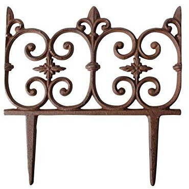 L'Héritier Du Temps Bordure de Jardin Bordurette Grille Victorienne Motif Fleurs de Lys en Fonte Patinée Marron 1,5x26,3x27cm