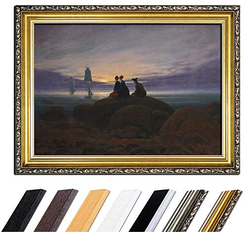 Bilderdepot24 Bild mit Rahmen - Caspar David Friedrich Mondaufgang am Meer 50x40 cm - Gerahmtes Leinwandbild Alte Meister - Antiker Rahmen Gold Barock, Klassisch