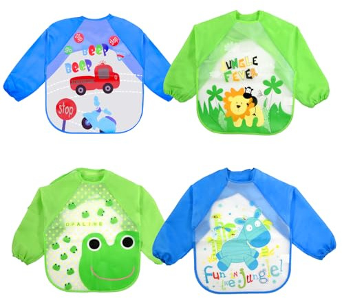 JinBei Bibs With Sleeves Baby Waterproof Feeding Long Sleeves Weaning Bib Apron 4Pcs Plastic Toddler Eating Washable Large Food Kids Boys Painting Playing EVA Bibs Smock 6 Months to 3 Years