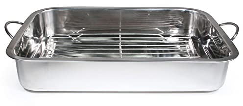 Tradineur - Bandeja de horno con grill y asas abatibles, acero inoxidable, fuente rectangular para asar con rejilla, rustidera de cocina, 35 cm