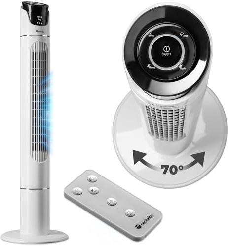 tectake® Ventilateur Colonne 110 cm, 3 modes et 3 vitesses, Fonction de minuterie, Ecran LED, Télécommande, Ventilateur Silencieux & Oscillant pour Bureau, Chambre, Salon, Maison - Blanc