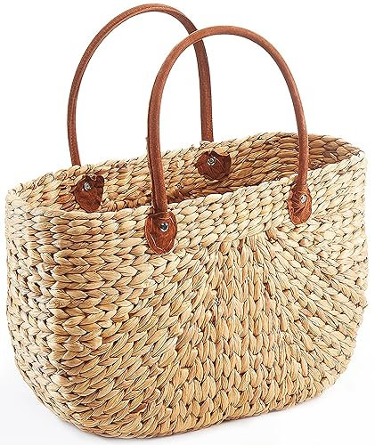 Kobolo Tasche Wasserhyazinthe, 45x18x29 cm, braune, geflochtene Henkeltasche mit robusten Kunstlederhenkeln, ideal als Einkaufstasche, Strandtasche oder modisches Accessoire für Alltag & Freizeit