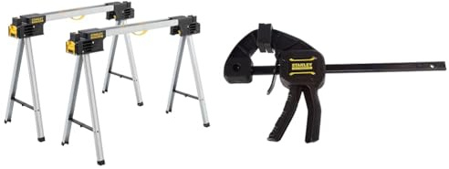Stanley FatMax Unterstellböcke (aus Metall, mit klappbaren Metallbeinen, bis 900 kg belastbar, mit V-förmiger Nut, 2 Stück) FMST1-75763 & FatMax Einhandzwinge Medium FMHT0-83232